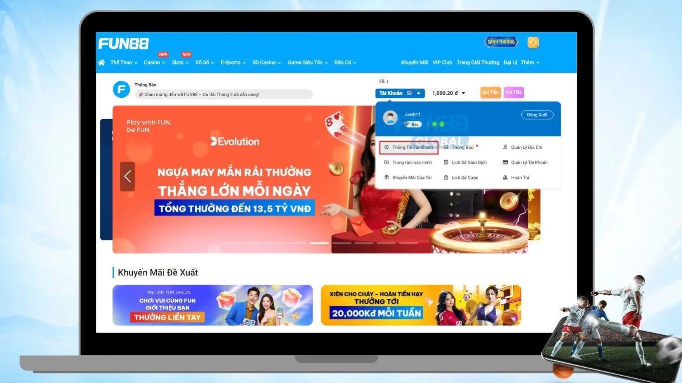 Cập nhật thông tin tài khoản FUN88