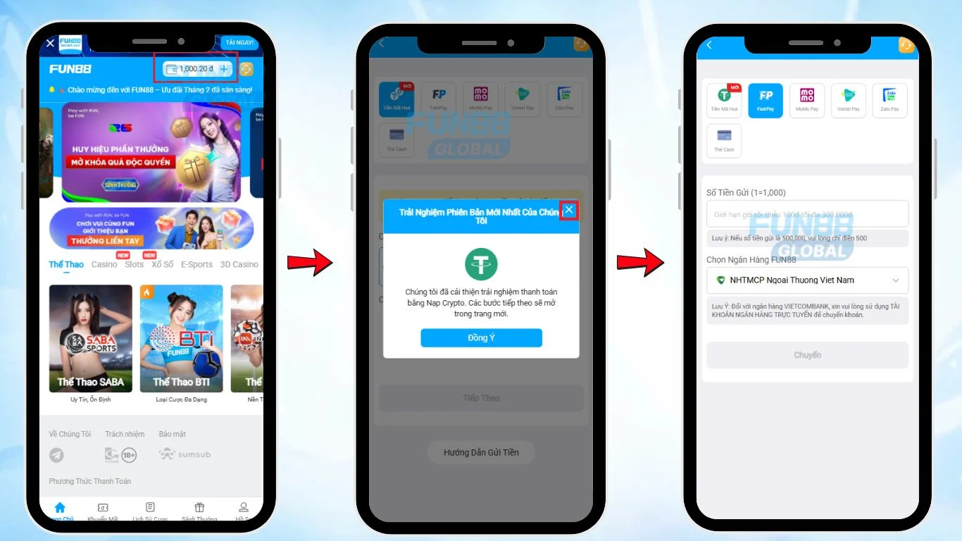 Deposit via Fastpay on the FUN88 Vietnam App and Mobile Web