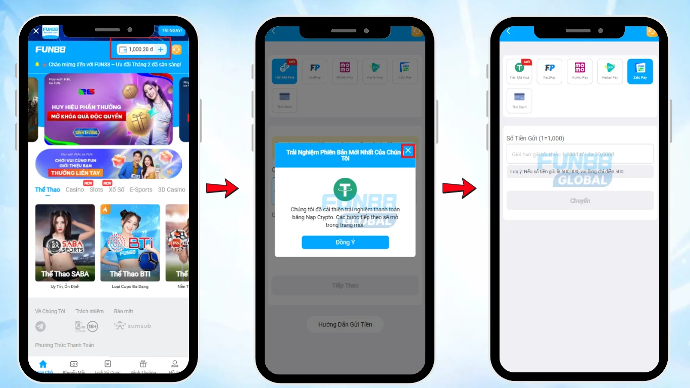 Deposit via Zalo Pay on the FUN88 Vietnam App and Mobile Web