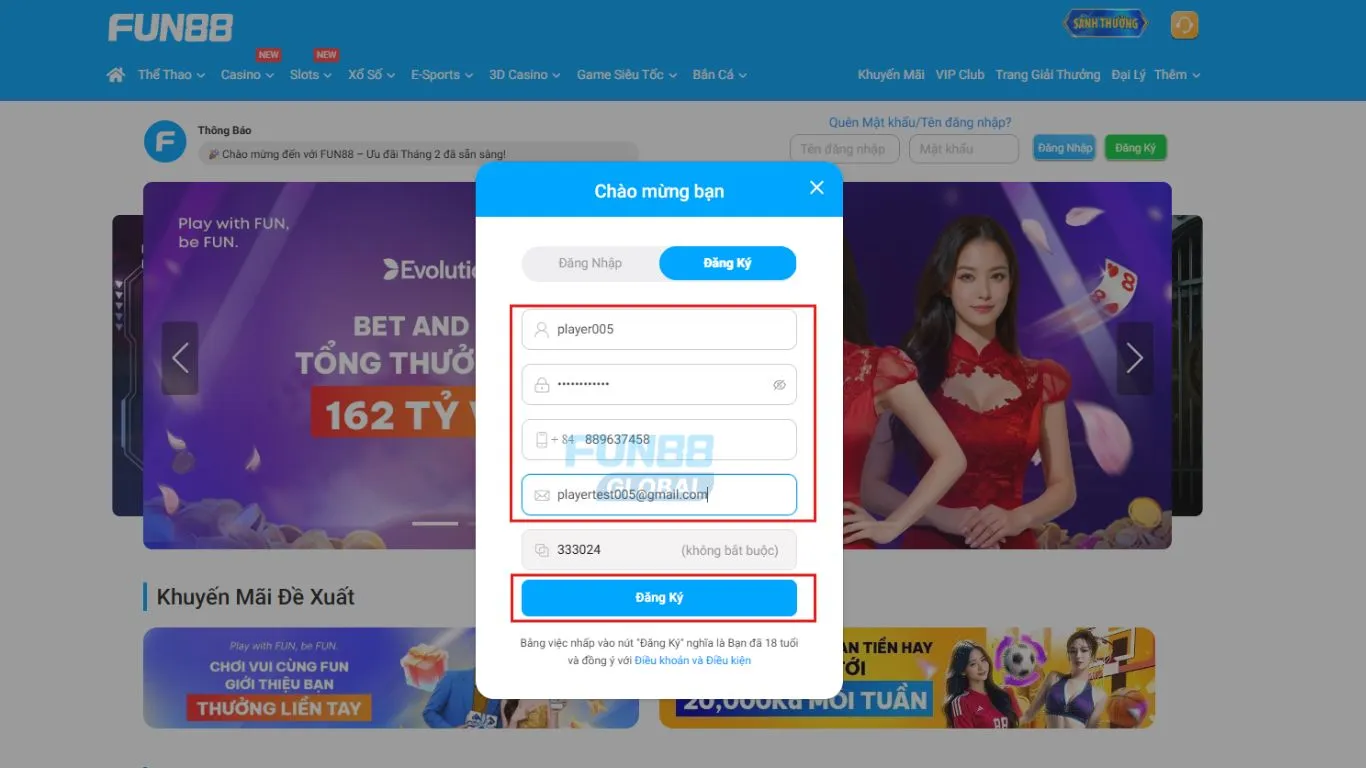 Mẫu Đăng Ký FUN88 Việt Nam