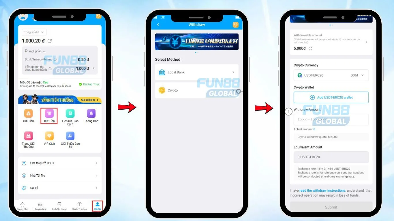 FUN88 Vietnam Crypto Withdrawal Confirmation