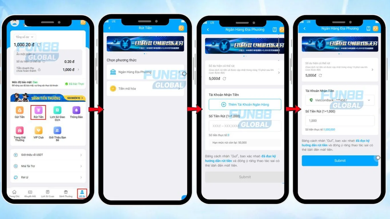 FUN88 Vietnam Local Bank Transfer Withdrawal Confirmation