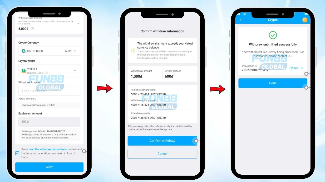 Final Steps for Crypto Withdrawal – FUN88 Vietnam