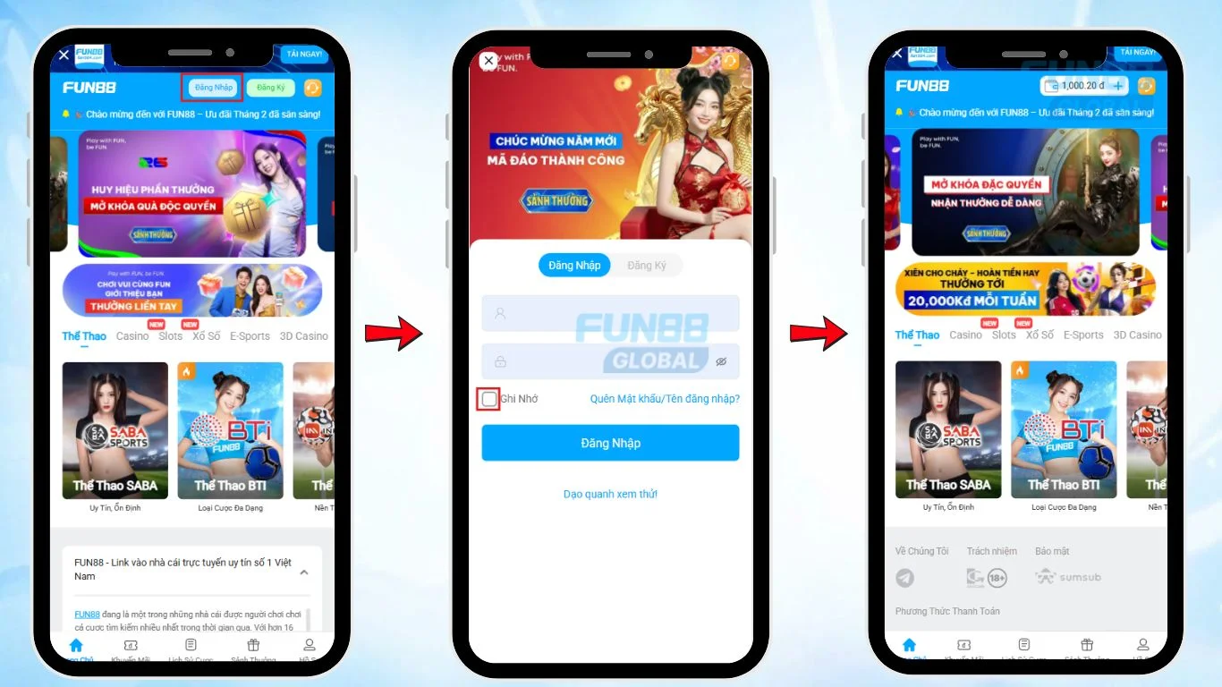 Login via FUN88 App and Mobile web