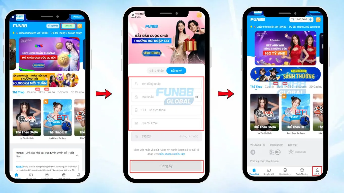 Đăng Ký Qua Ứng Dụng và Web Di Động FUN88 Việt