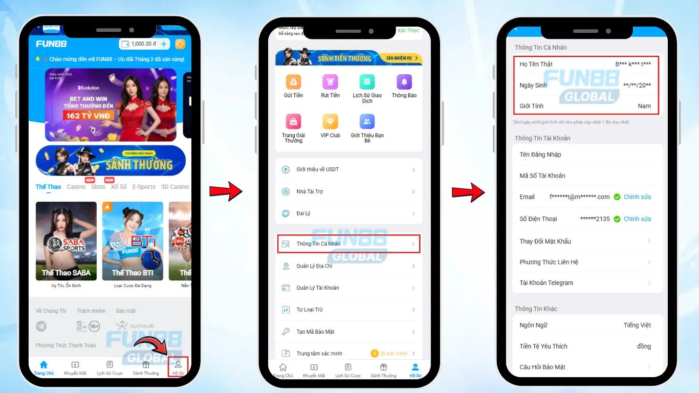 Cập Nhật Thông Tin Cá Nhân và Thanh Toán Qua Ứng Dụng và Web Di Động FUN88 Việt Nam