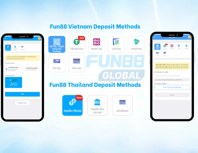 Fun88 offers the most diverse range of deposit options for Vietnamese and Thai users