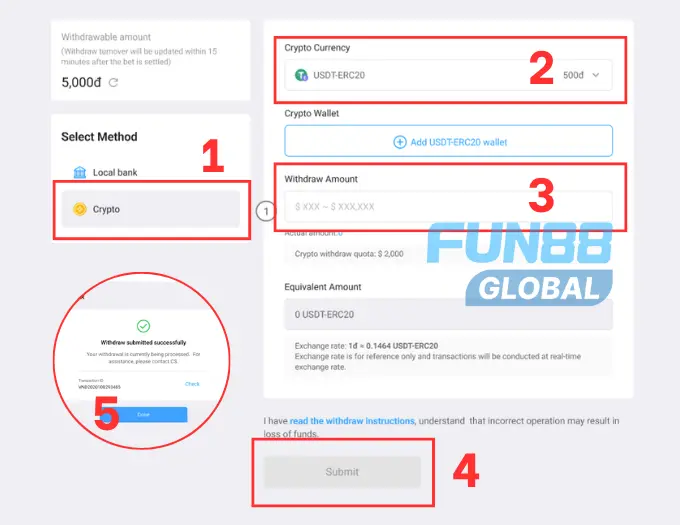 Fun88 withdrawal methods using Vietnamese crypto wallet