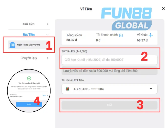 Fun88 withdrawal methods using Vietnamese local banks